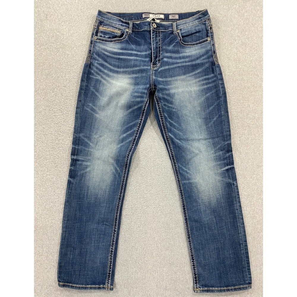 BKE Buckle Tyler Straight Jeans Men 38L (Fits 36x33) Med Wash Denim Whisker Fade